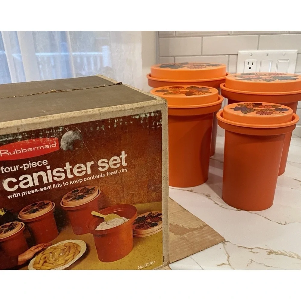 Vintage Rubbermaid Canister Set of 4 Burnt Orange Floral Nesting New Open Box